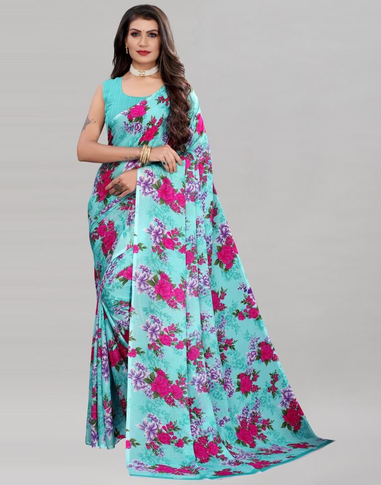 Tiffany Blue Coloured Georgette Floral Printed Casual saree | Sudathi