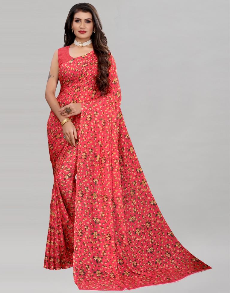 Tomato Red Coloured Georgette Floral Printed Casual saree | Sudathi