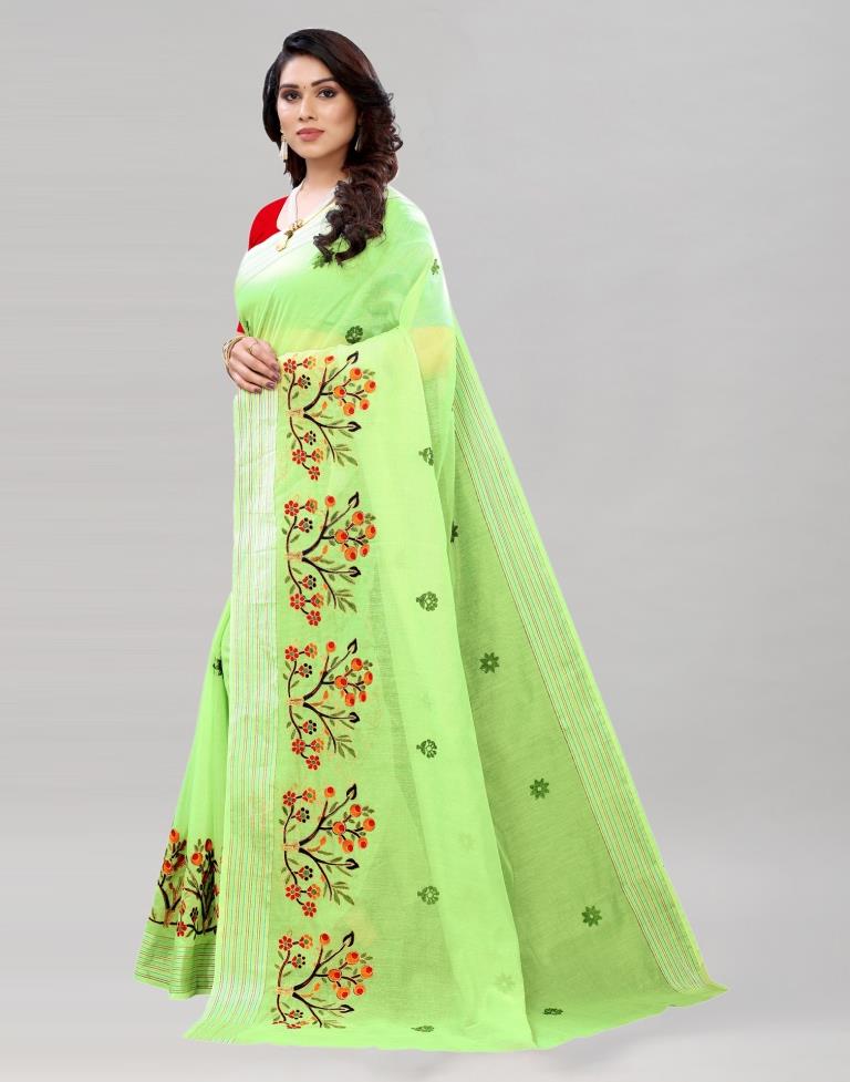 Pista Green Embroidered Cotton Saree | Sudathi