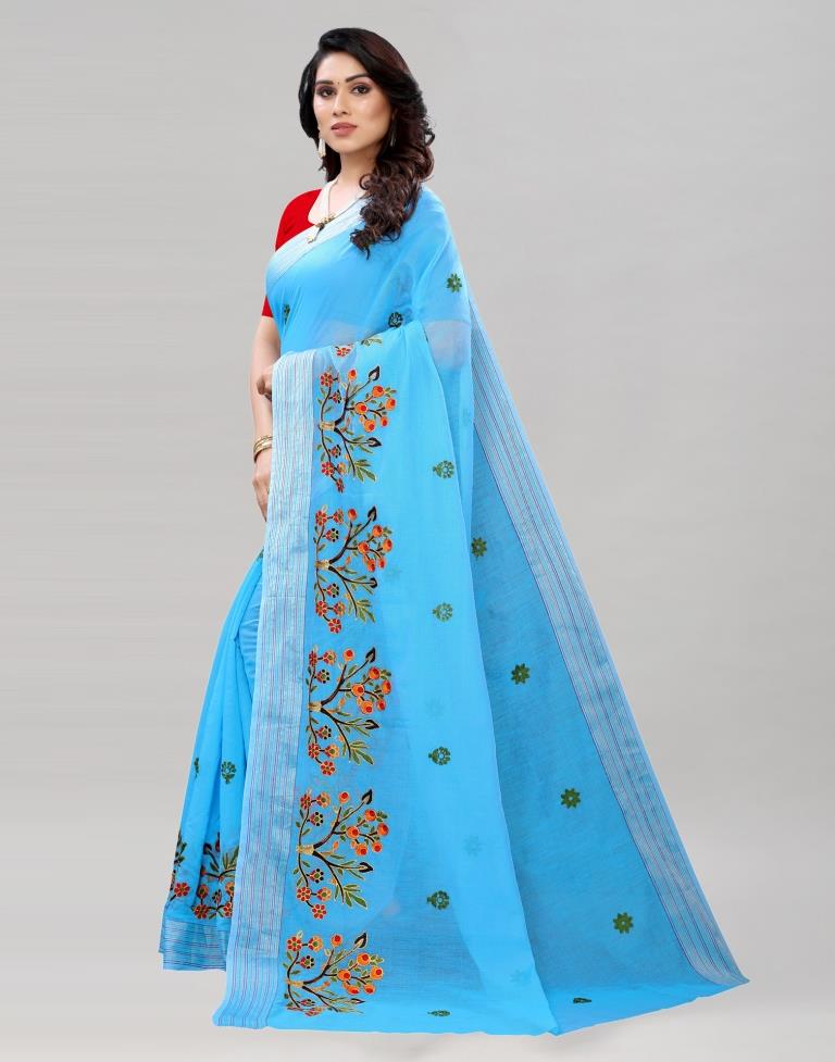 Sky Blue Embroidered Cotton Saree | Sudathi