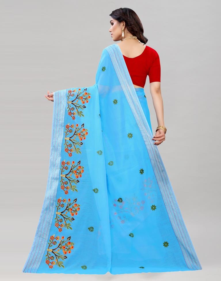 Sky Blue Embroidered Cotton Saree | Sudathi