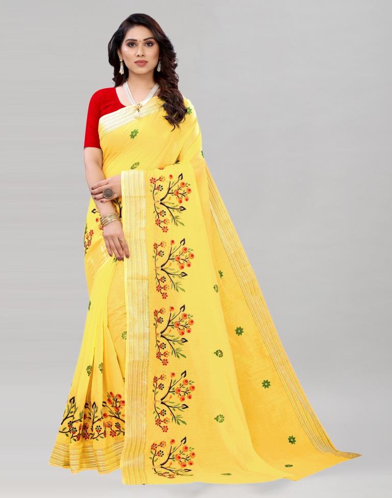 Yellow Embroidered Cotton Saree | Sudathi