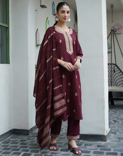 Dark Brown Cotton Sequence Straight Kurta Set With Dupatta