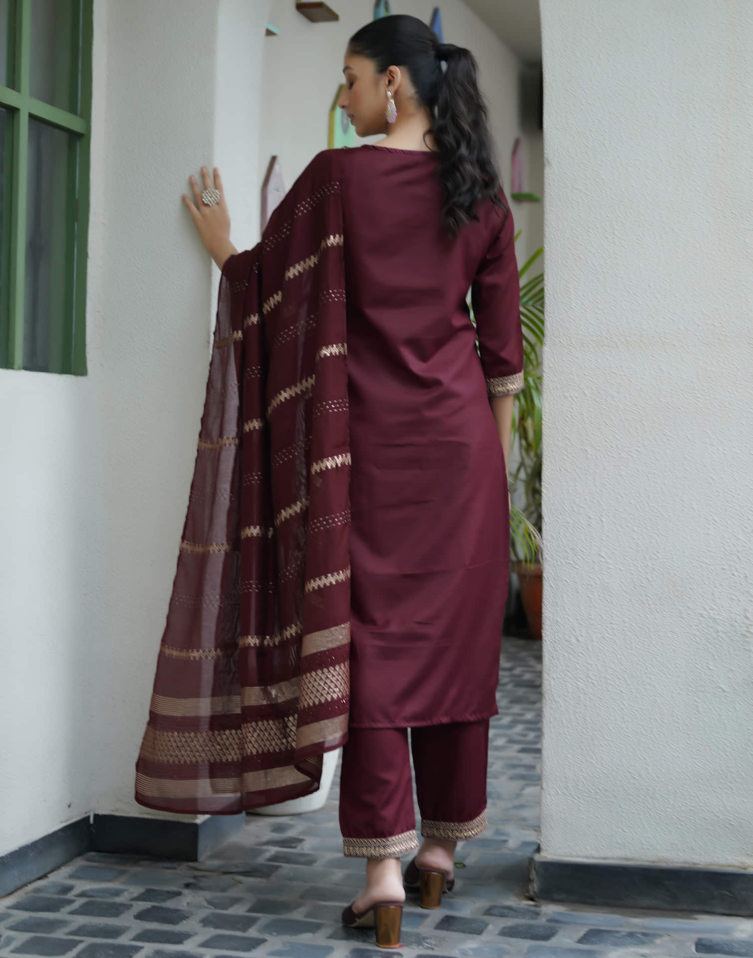 Dark Brown Cotton Sequence Straight Kurta Set With Dupatta