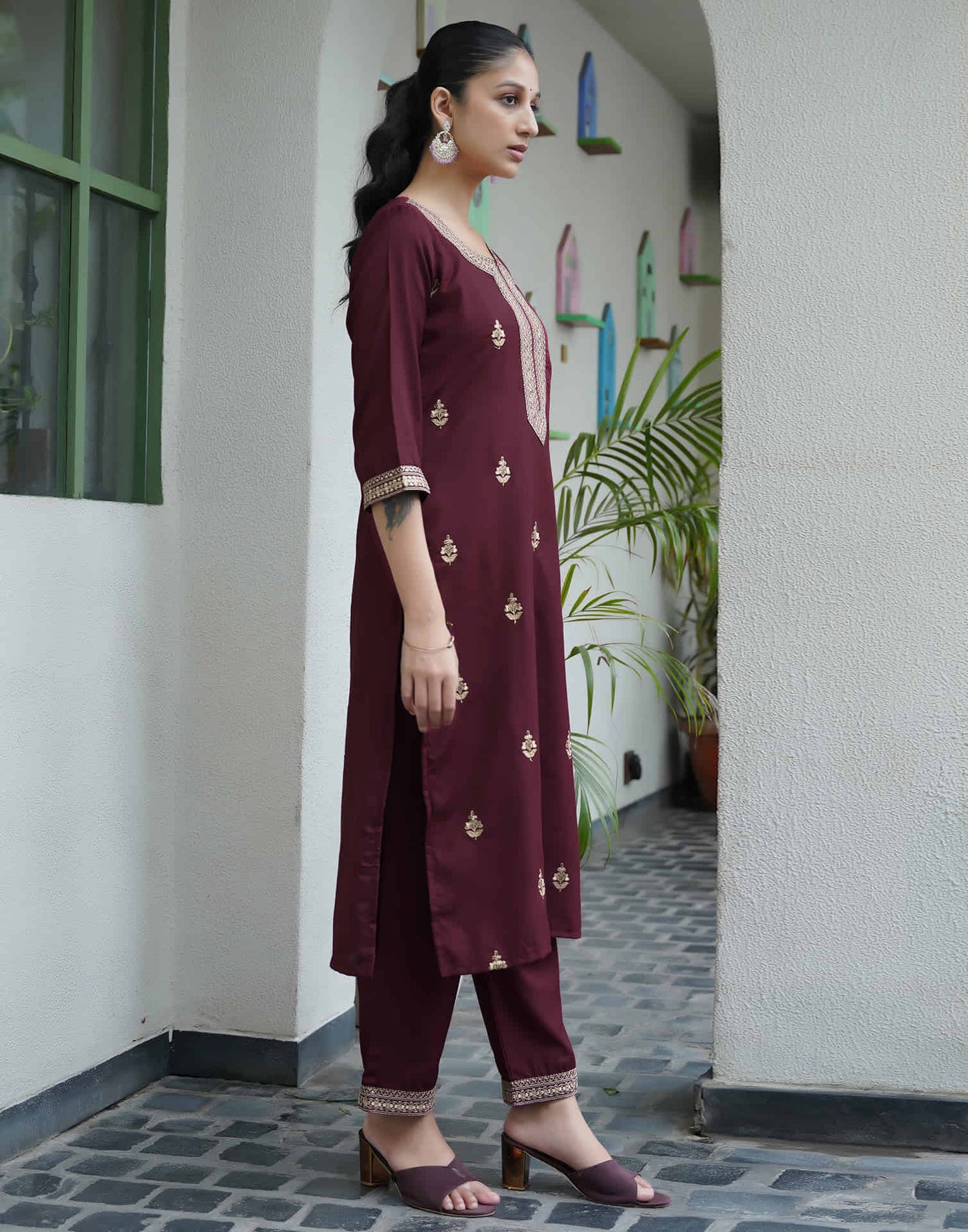 Dark Brown Cotton Sequence Straight Kurta Set With Dupatta