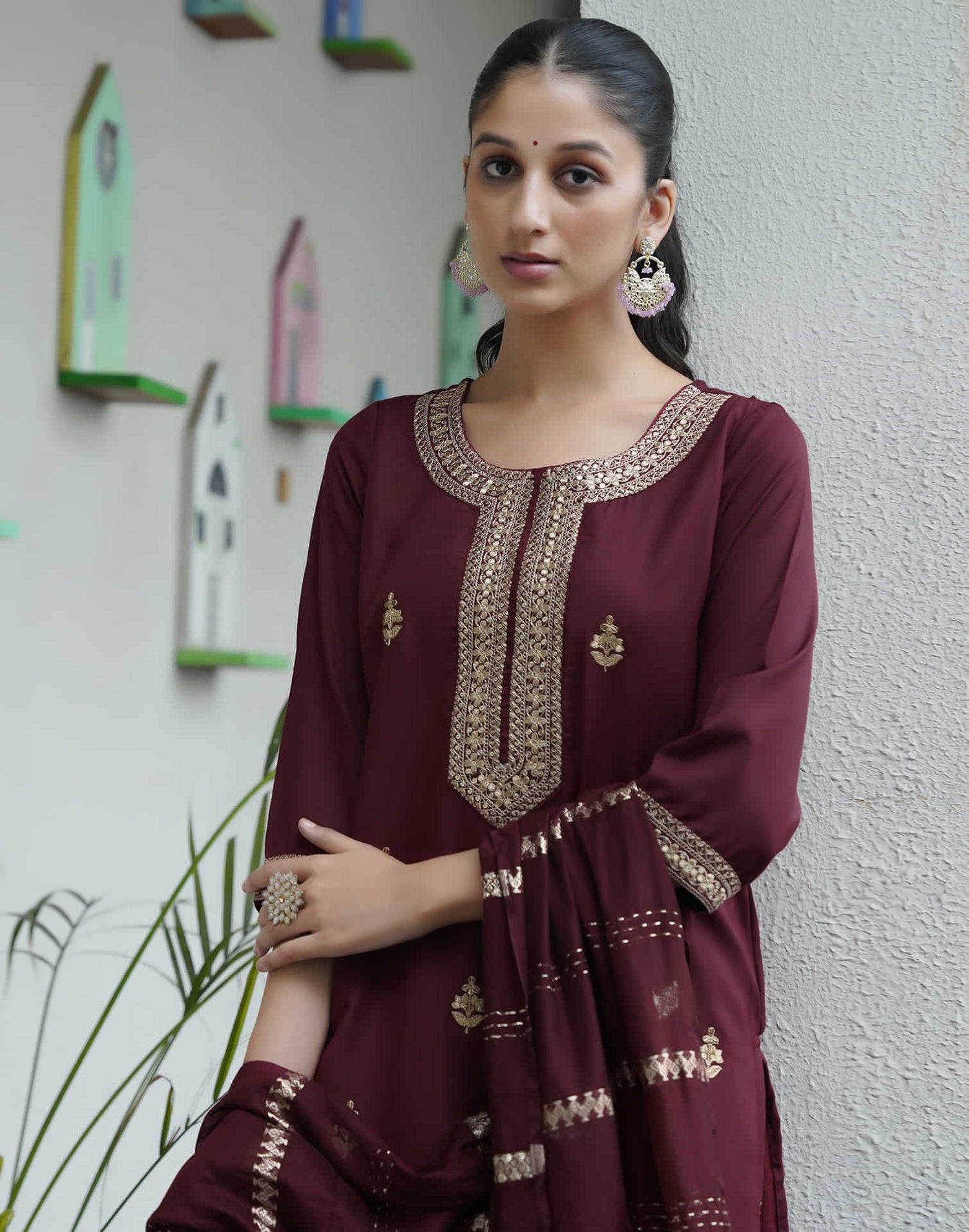 Dark Brown Cotton Sequence Straight Kurta Set With Dupatta