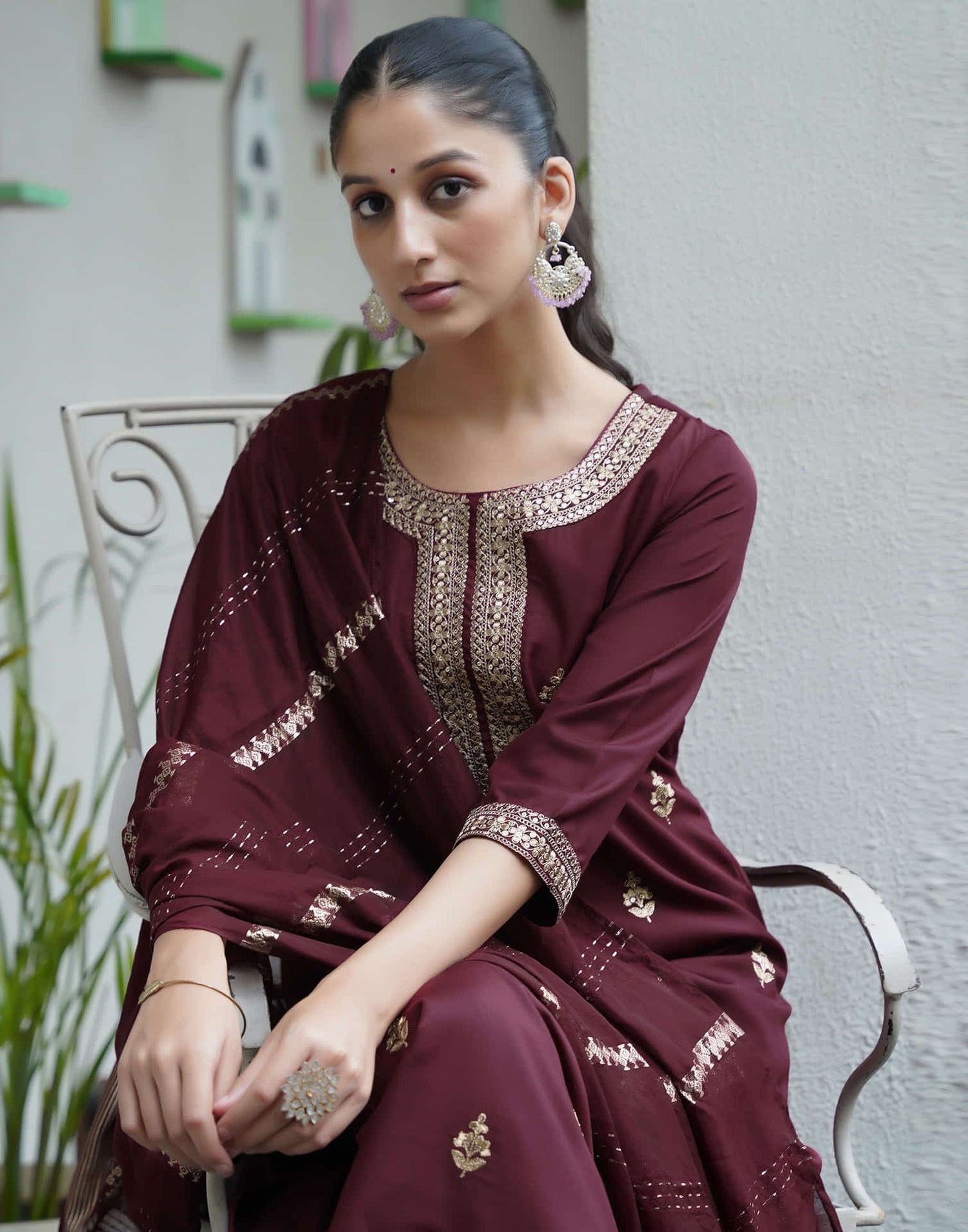 Dark Brown Cotton Sequence Straight Kurta Set With Dupatta