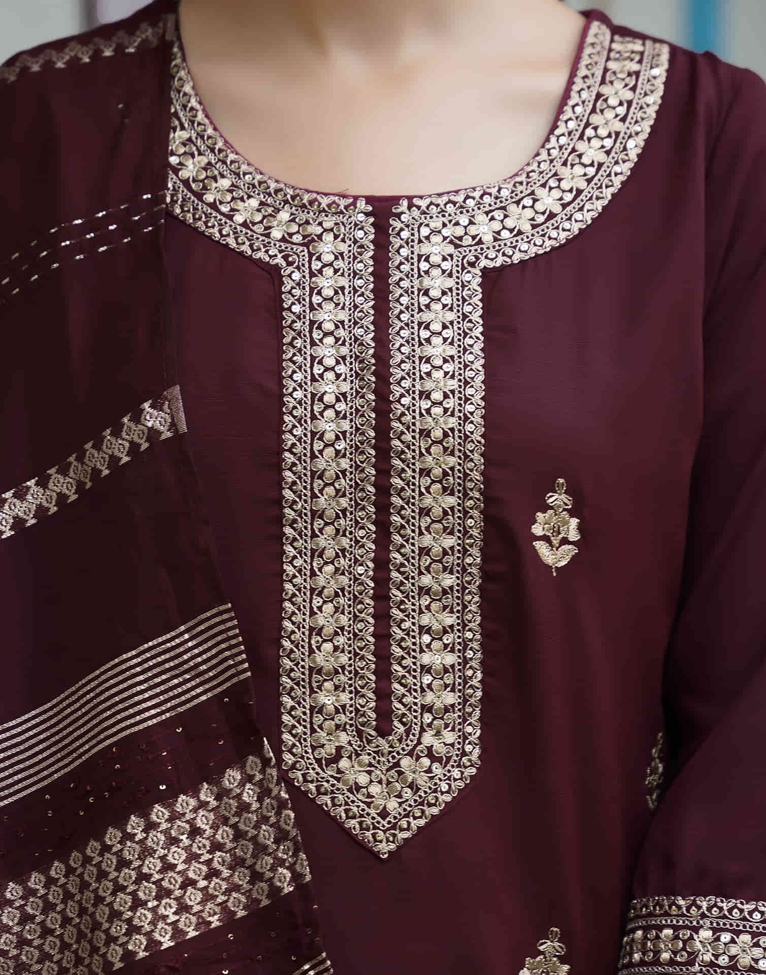 Dark Brown Cotton Sequence Straight Kurta Set With Dupatta