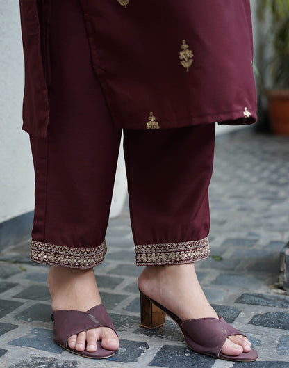 Dark Brown Cotton Sequence Straight Kurta Set With Dupatta