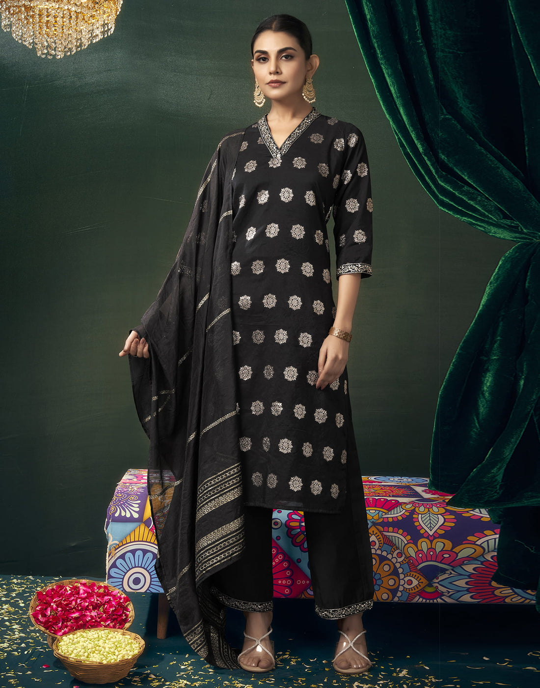 Black Silk Woven Straight Kurta Set With Dupatta