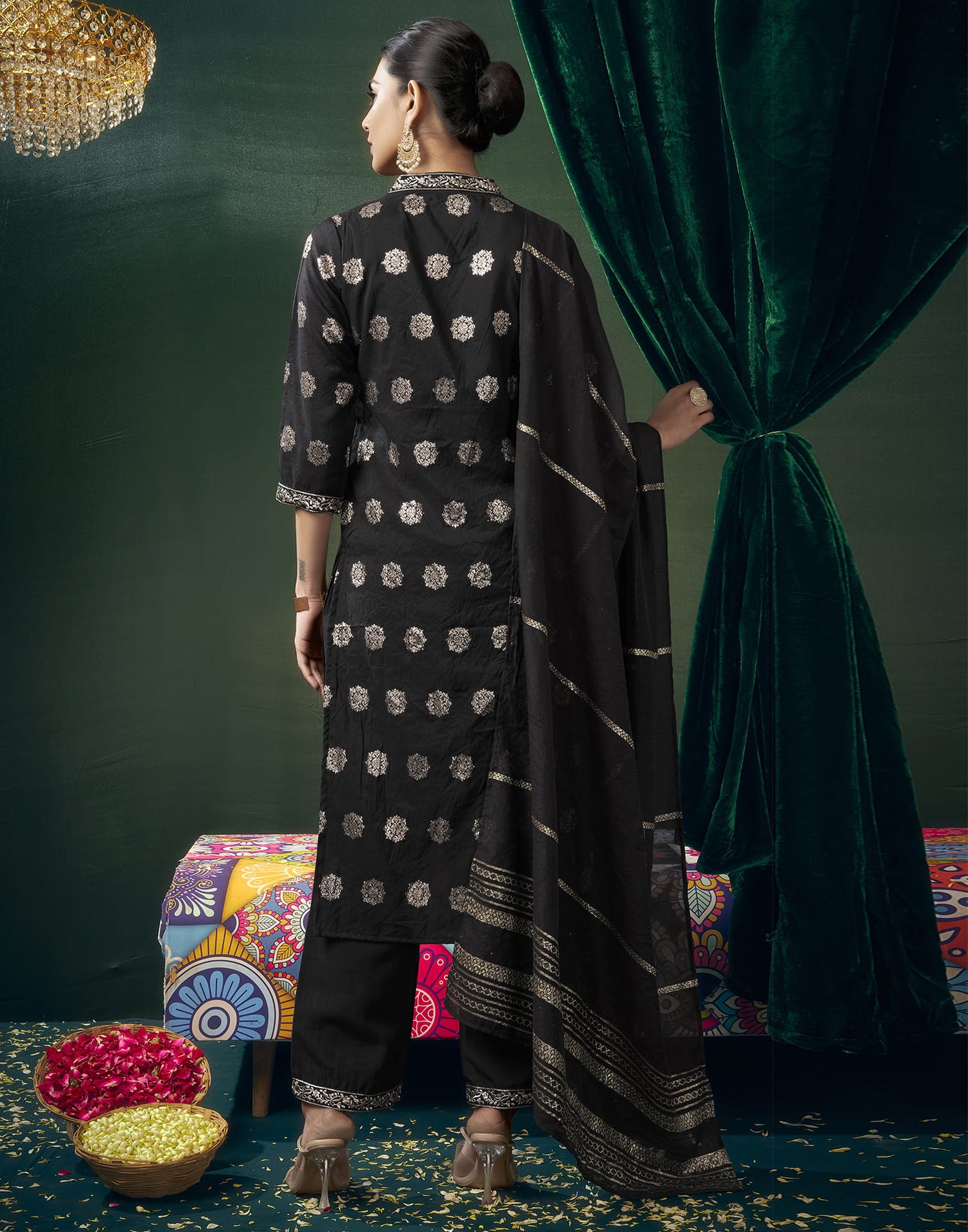 Black Silk Woven Straight Kurta Set With Dupatta