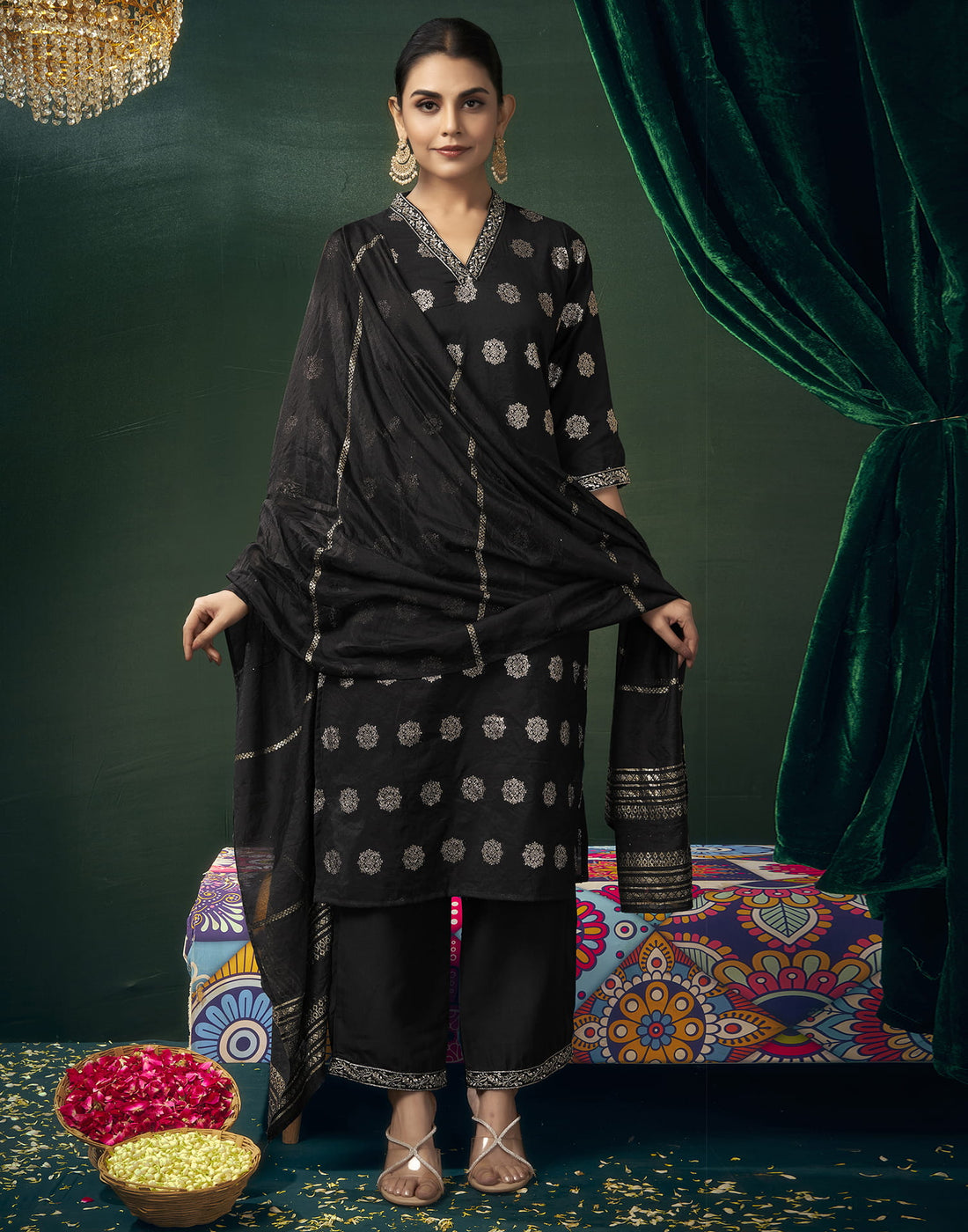 Black Silk Woven Straight Kurta Set With Dupatta