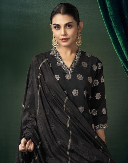 Black Silk Woven Straight Kurta Set With Dupatta