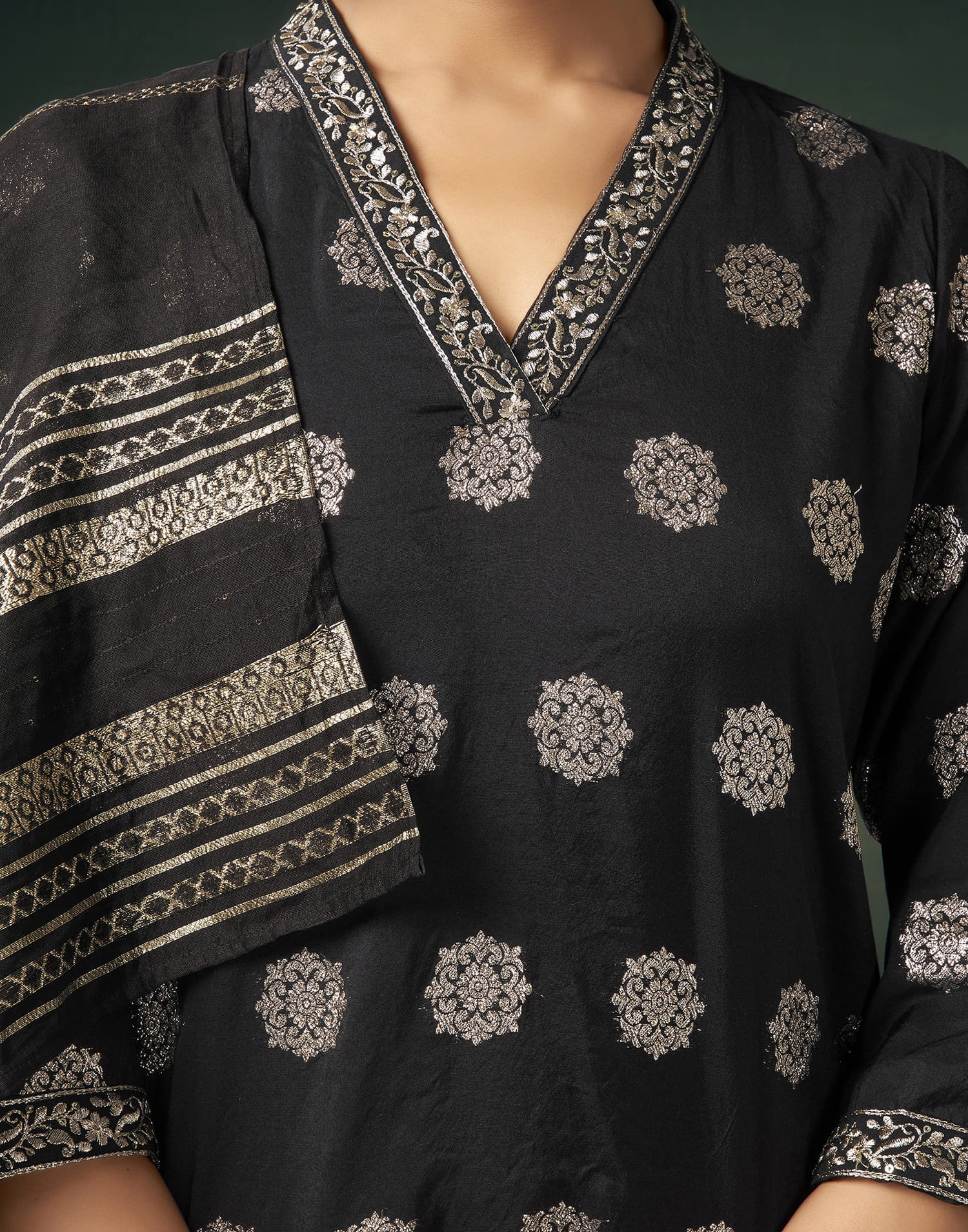 Black Silk Woven Straight Kurta Set With Dupatta