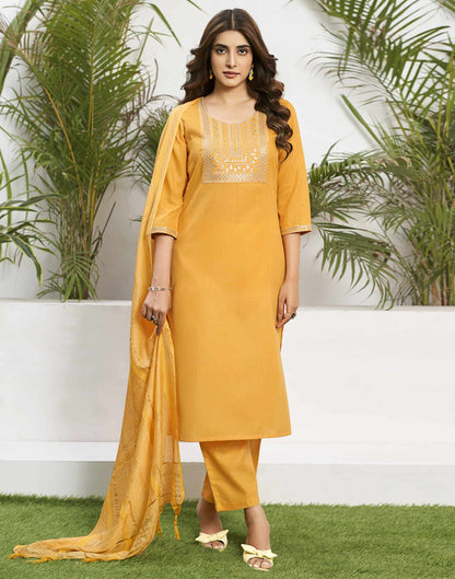 Yellow Cotton Sequence Straight Kurta Set With Dupatta