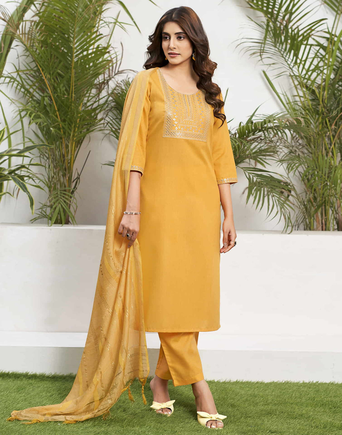 Yellow Cotton Sequence Straight Kurta Set With Dupatta