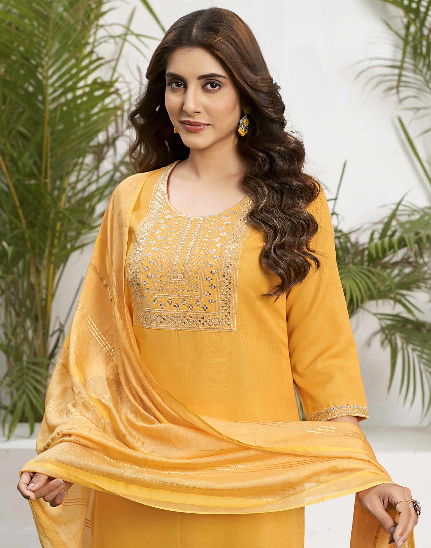 Yellow Cotton Sequence Straight Kurta Set With Dupatta