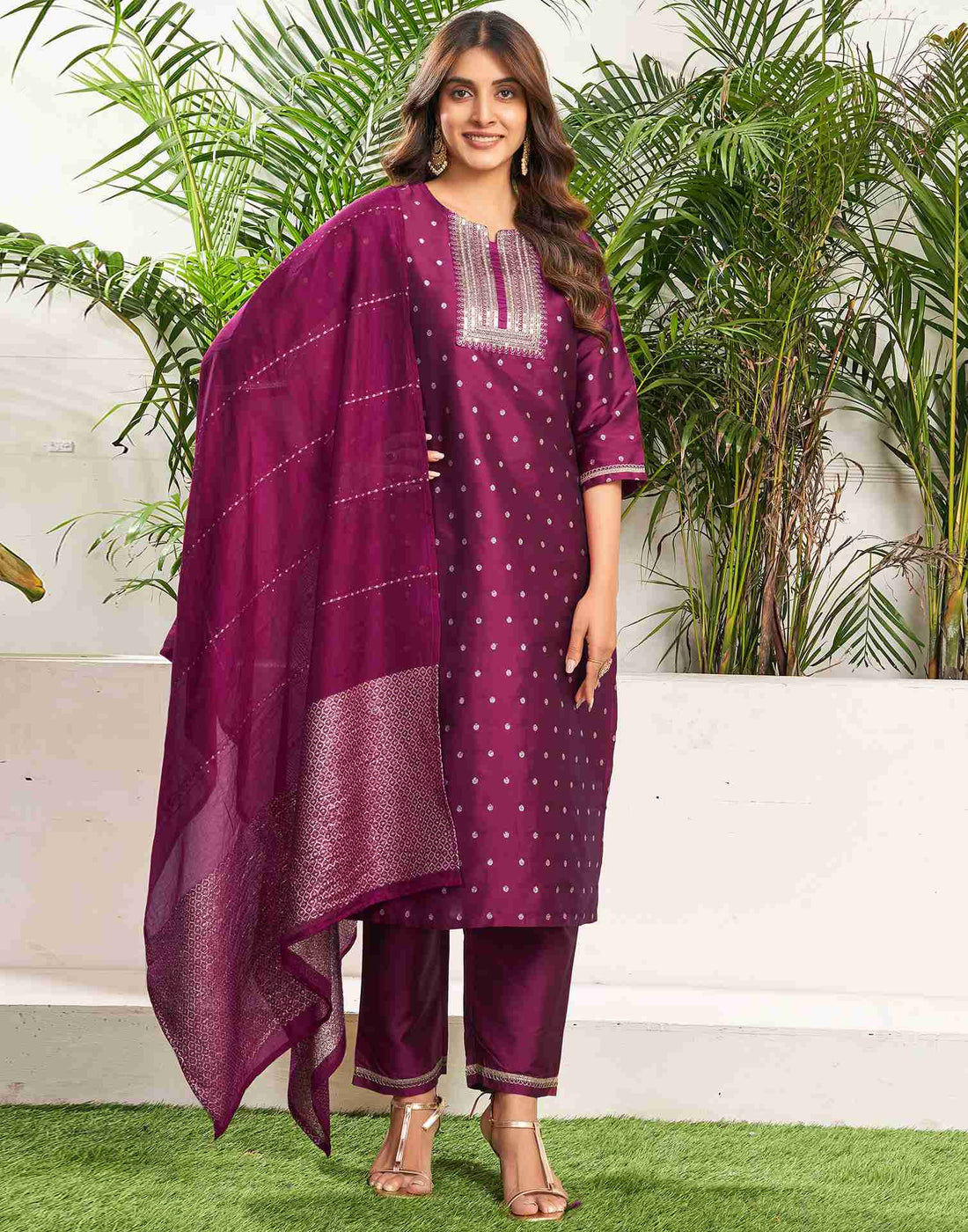 Dark Magenta Taffeta Embroidery Straight Kurta Set With Dupatta