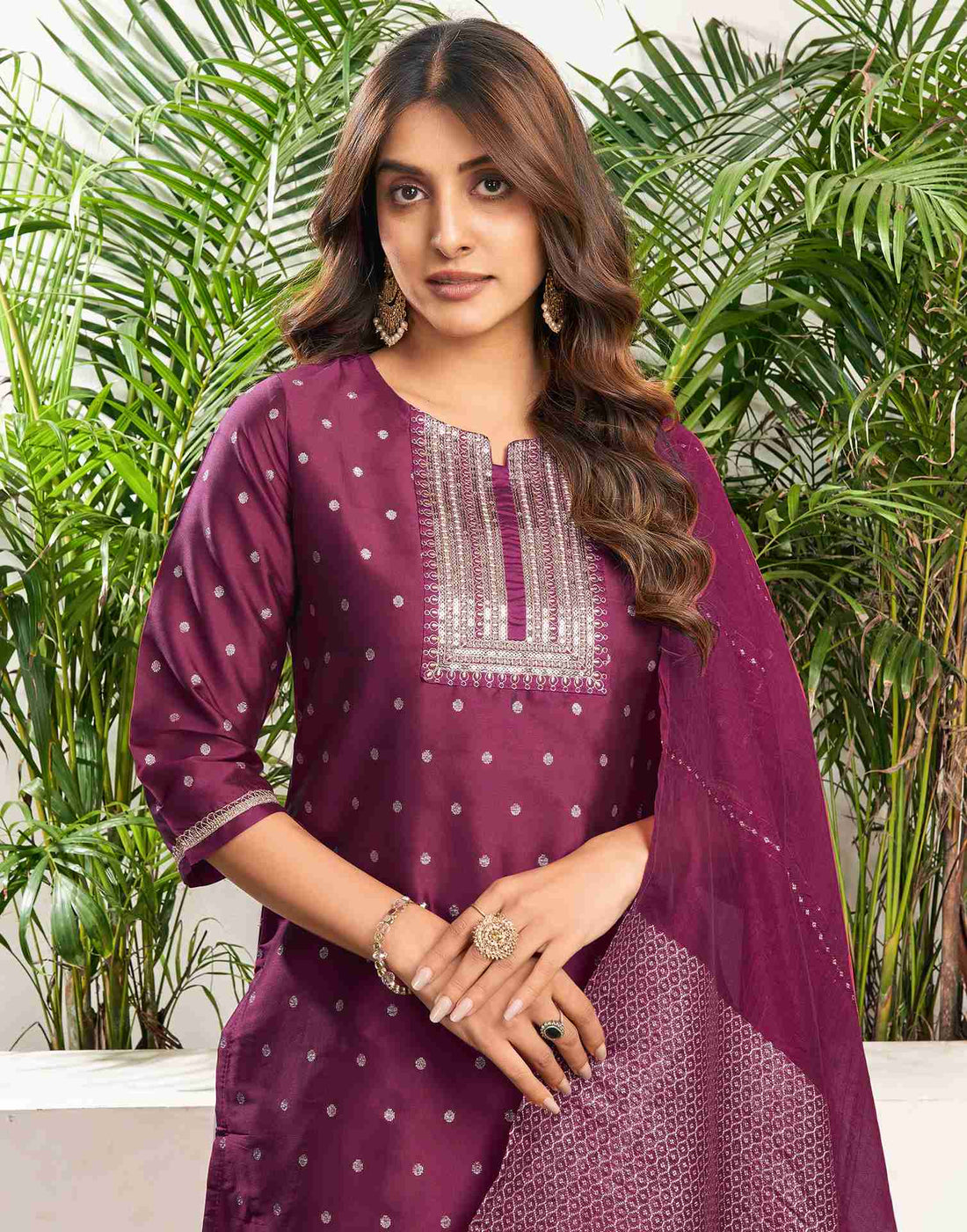 Dark Magenta Taffeta Embroidery Straight Kurta Set With Dupatta