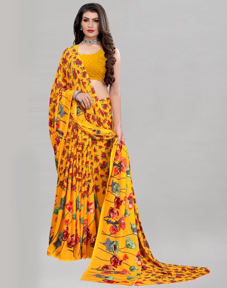 Turmeric Yellow Coloured Georgette Floral Printed Casual saree | Sudathi