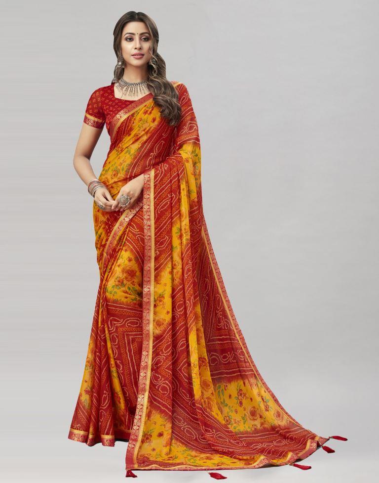 Red Floral Bandhani Printed Chiffon Saree | Sudathi
