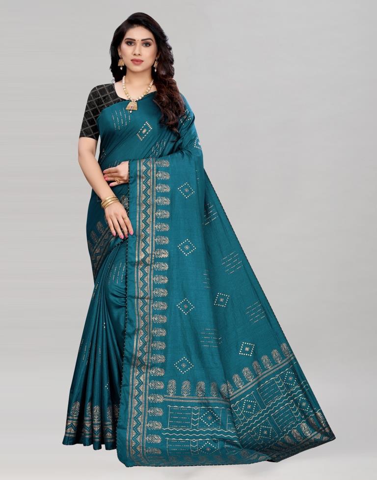 Teal Blue Printed Silk Saree | Sudathi