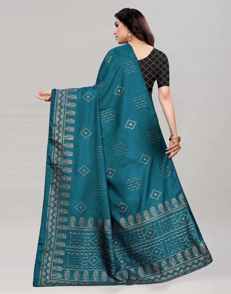 Teal Blue Printed Silk Saree | Sudathi