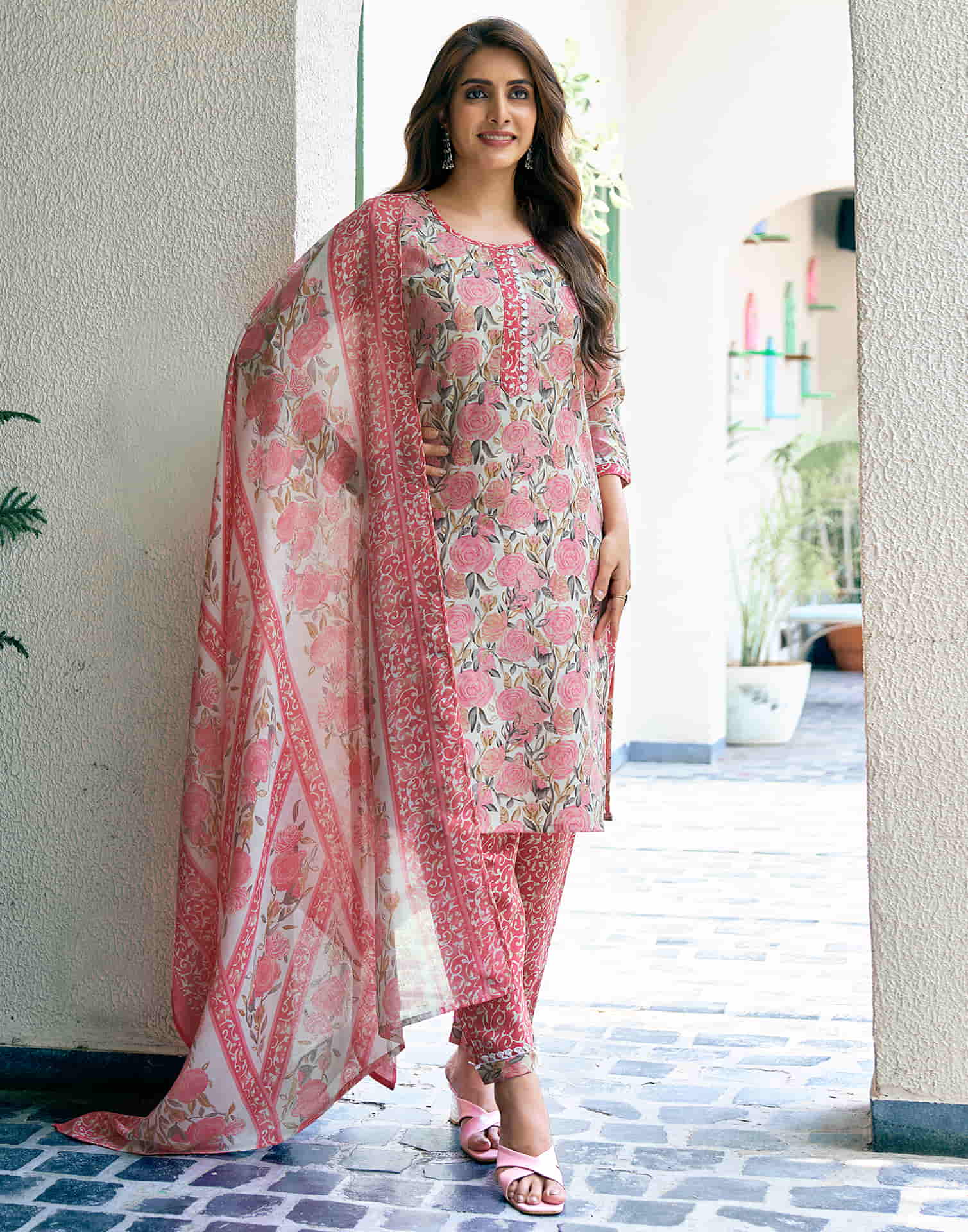 Rose Pink Printed Cotton Straight Kurta With Pant And Dupatta