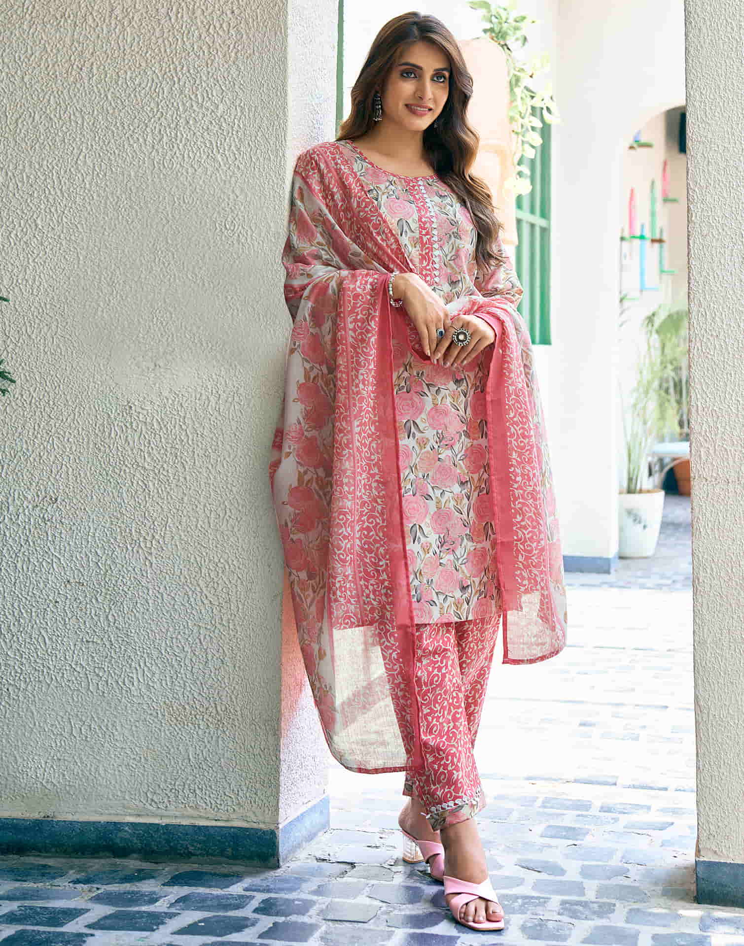 Rose Pink Printed Cotton Straight Kurta With Pant And Dupatta