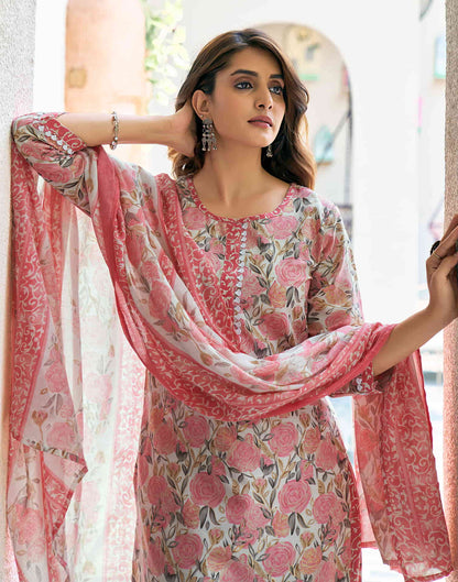 Rose Pink Printed Cotton Straight Kurta With Pant And Dupatta