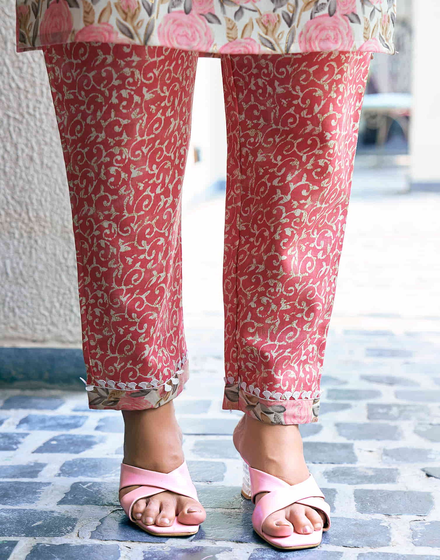 Rose Pink Printed Cotton Straight Kurta With Pant And Dupatta