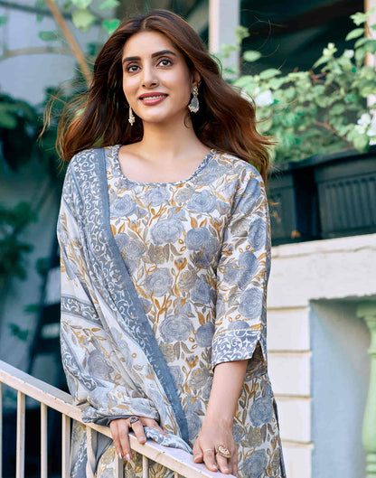 Grey Printed Cotton Straight Kurta With Pant And Dupatta