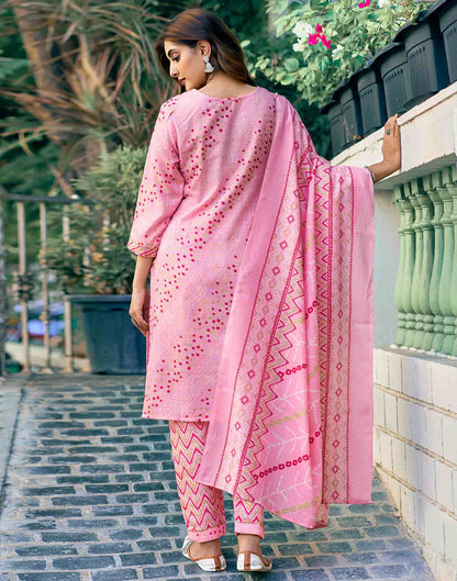 Rose Pink Printed Cotton Straight Kurta With Pant And Dupatta