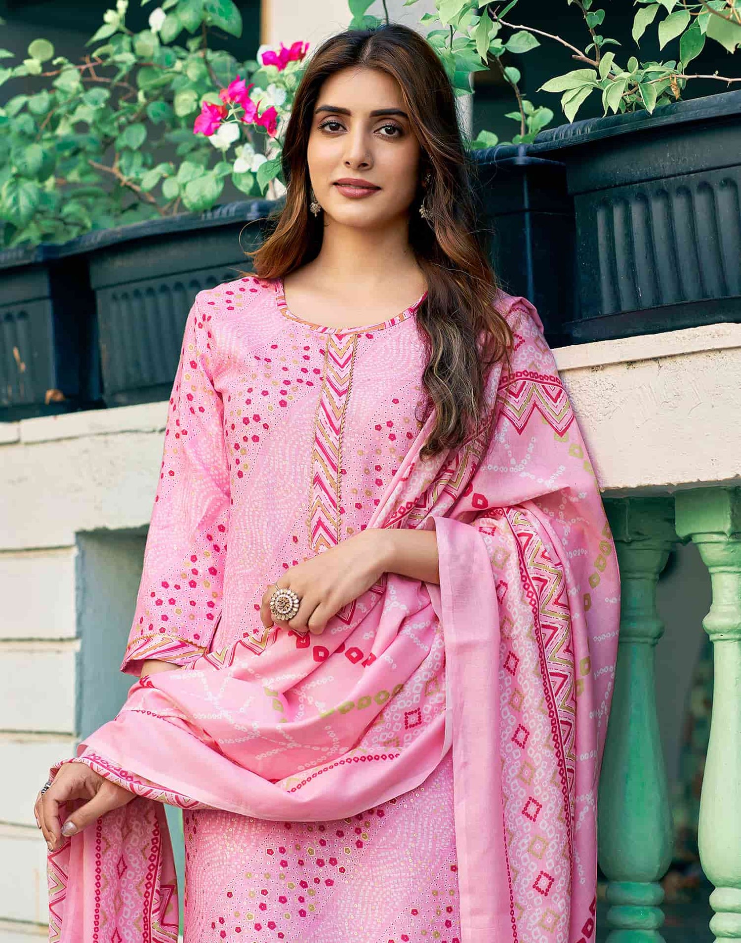 Rose Pink Printed Cotton Straight Kurta With Pant And Dupatta