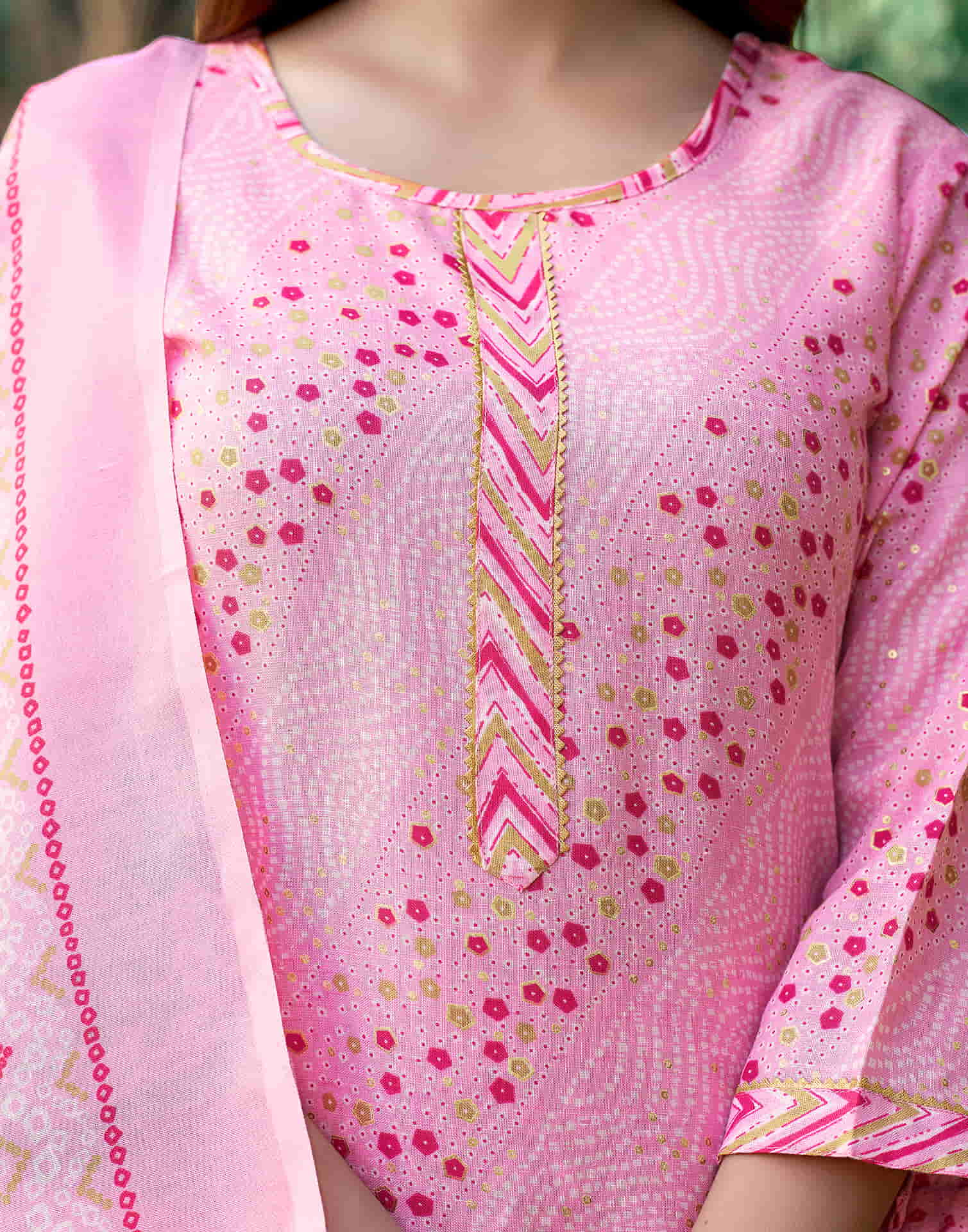 Rose Pink Printed Cotton Straight Kurta With Pant And Dupatta