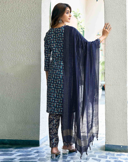 Navy Blue Printed Rayon Straight Kurta With Pant And Dupatta