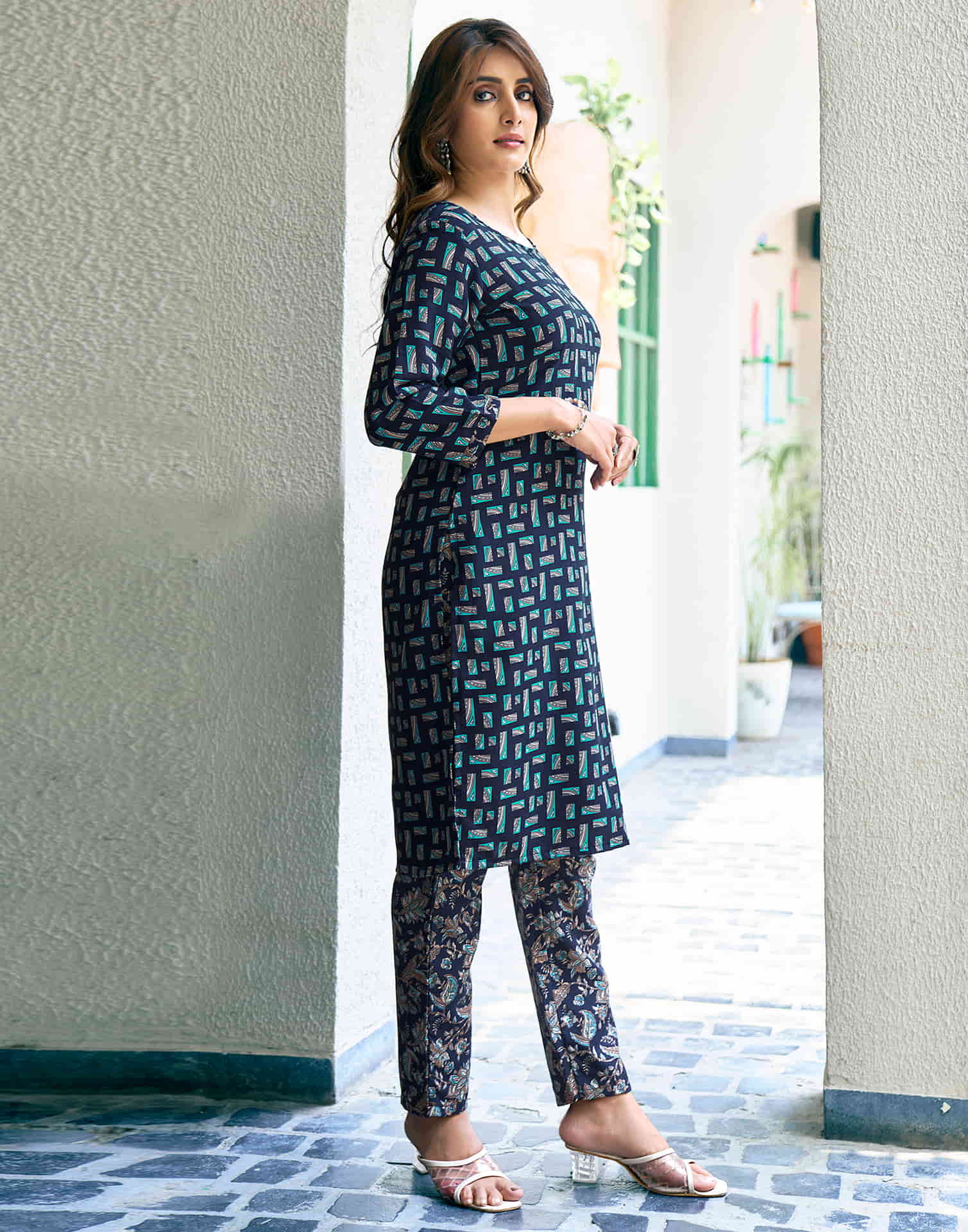 Navy Blue Printed Rayon Straight Kurta With Pant And Dupatta