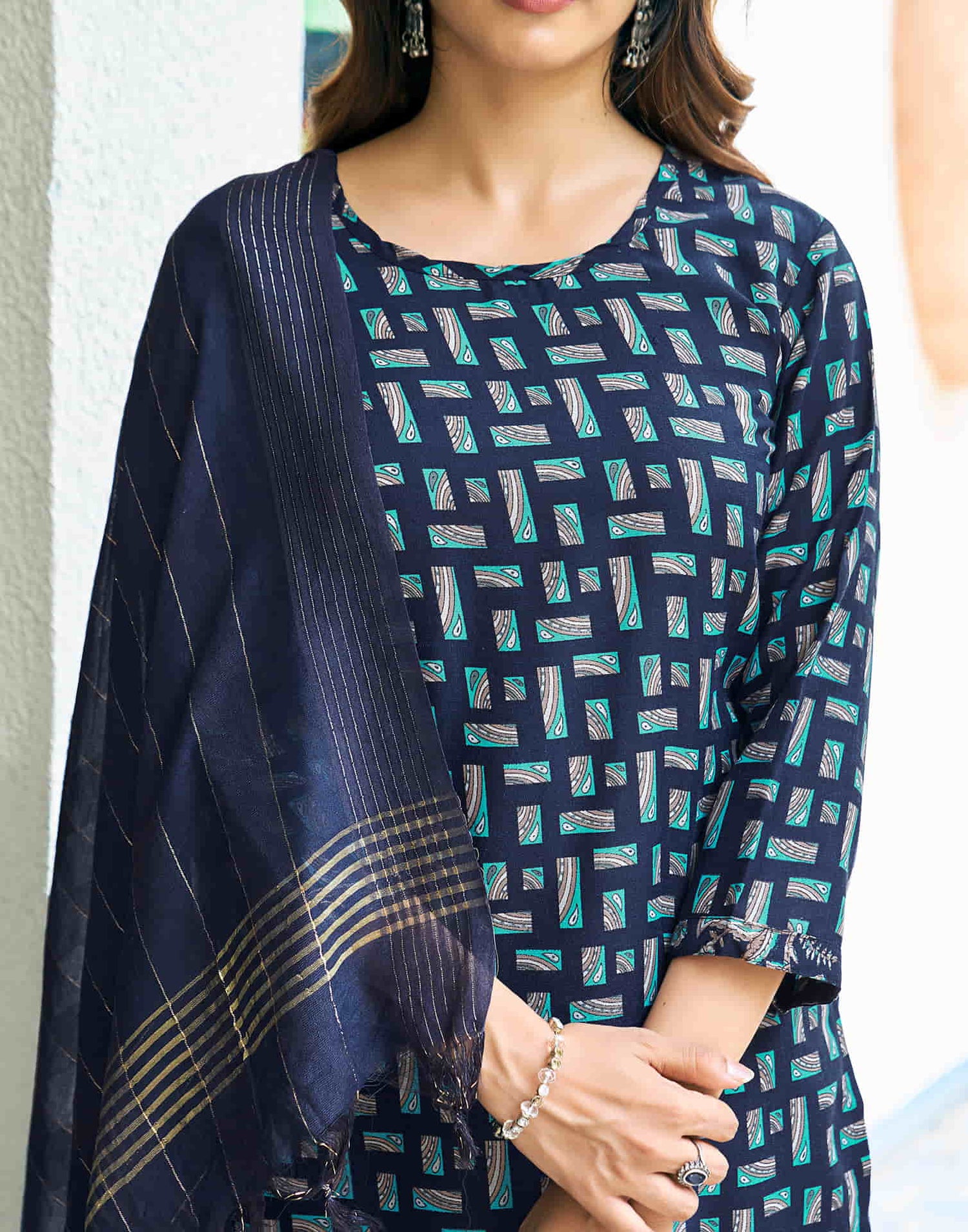 Navy Blue Printed Rayon Straight Kurta With Pant And Dupatta