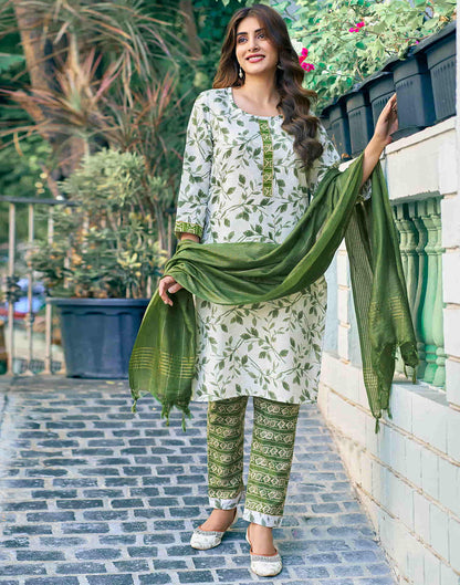 Off White Printed Cotton Straight Kurta With Pant And Dupatta