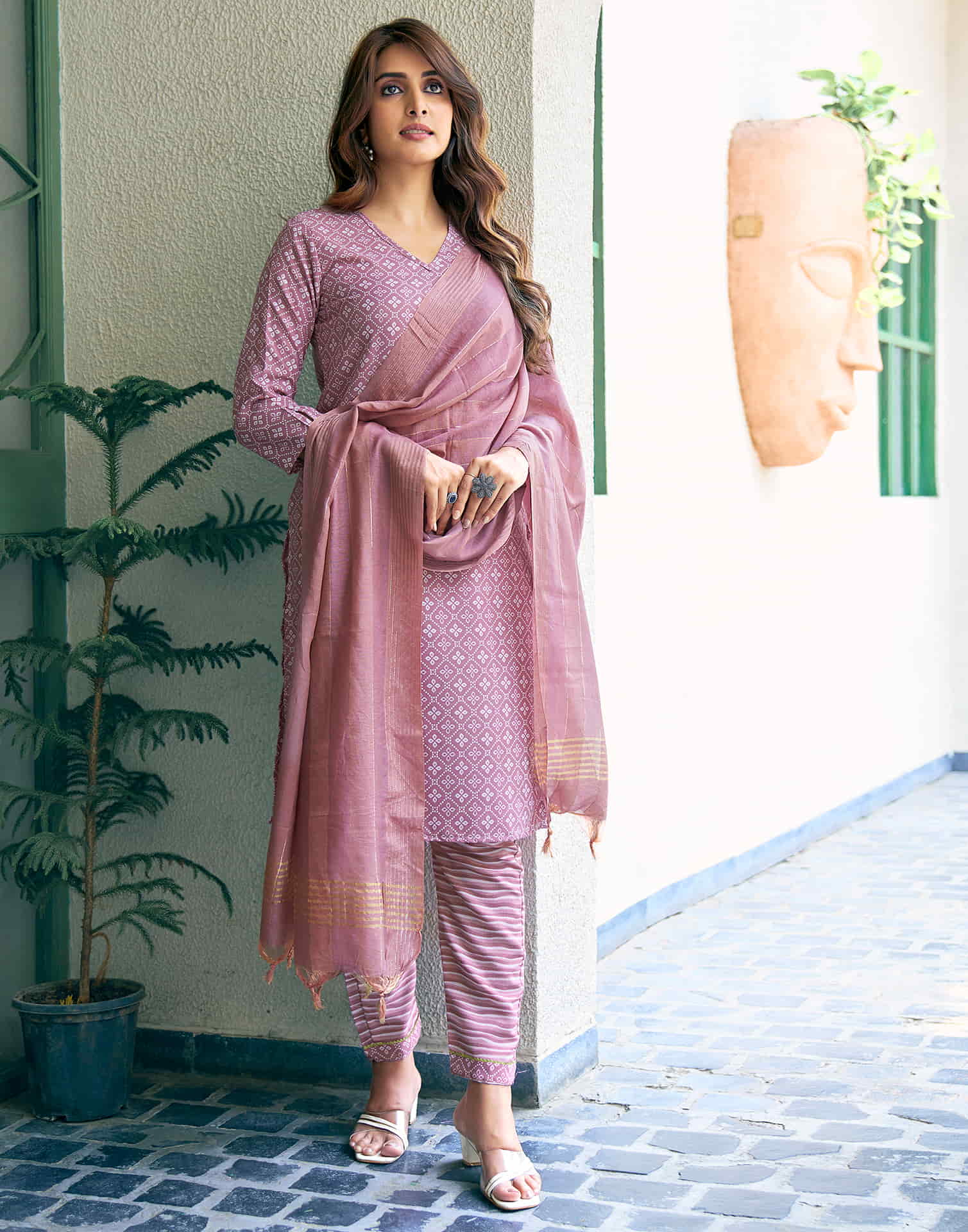 Beige Printed Cotton Straight Kurta With Pant And Dupatta