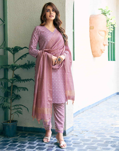 Beige Printed Cotton Straight Kurta With Pant And Dupatta