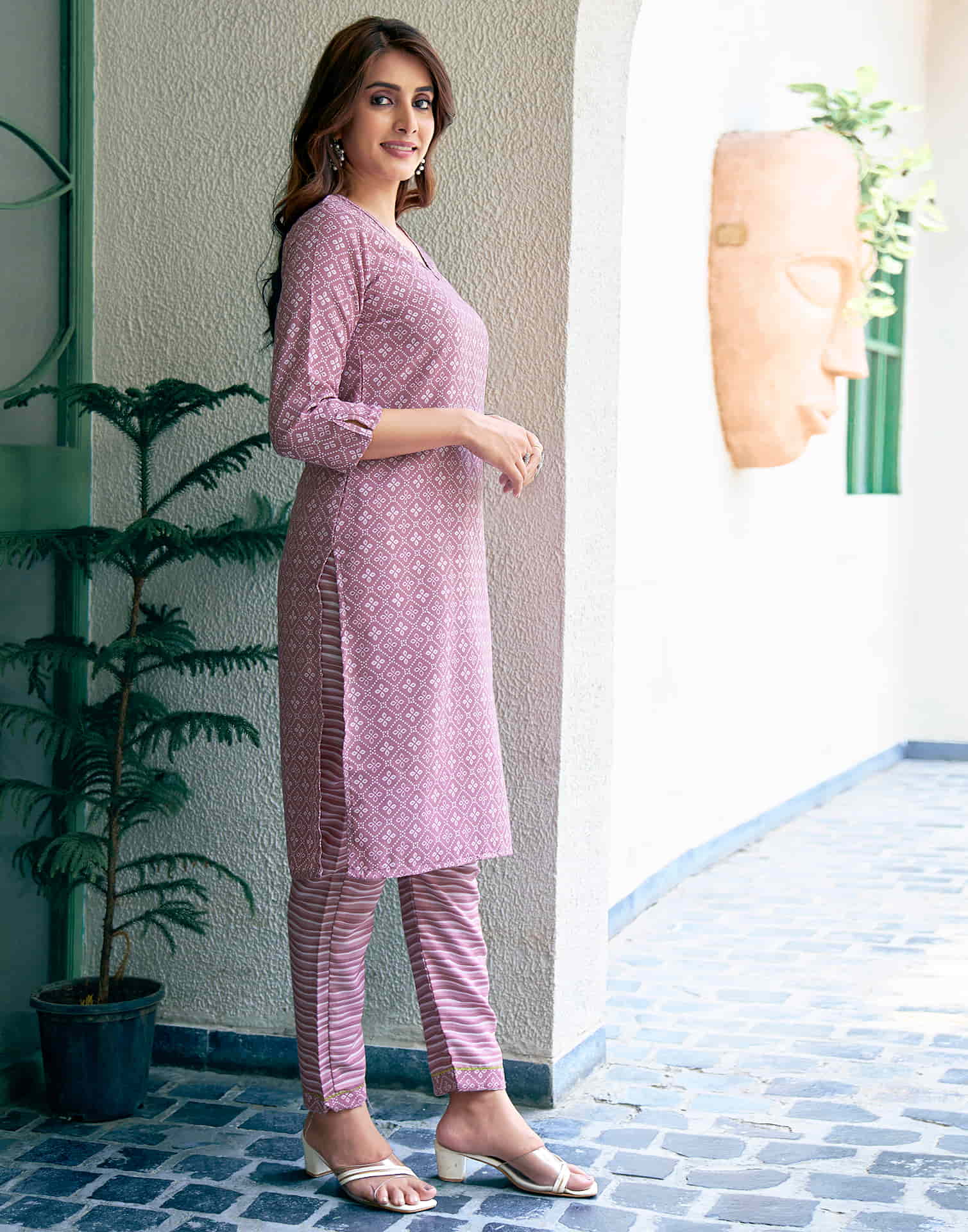 Beige Printed Cotton Straight Kurta With Pant And Dupatta