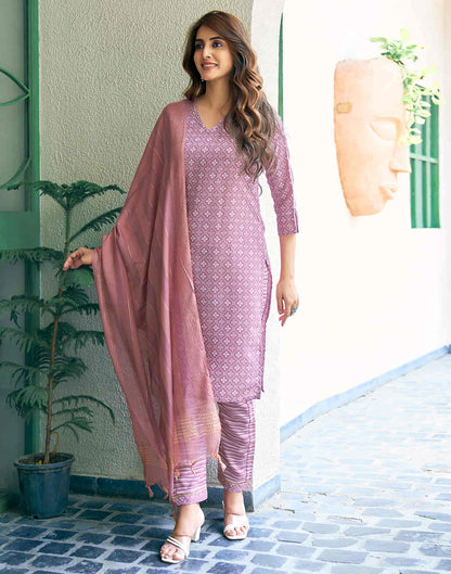 Beige Printed Cotton Straight Kurta With Pant And Dupatta