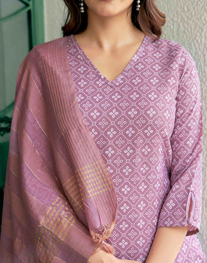 Beige Printed Cotton Straight Kurta With Pant And Dupatta