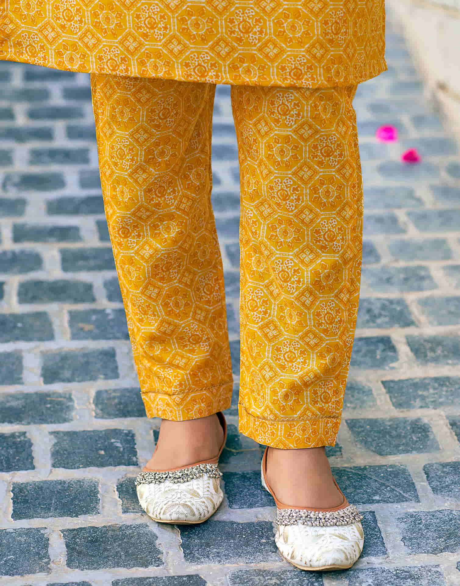 Yellow Printed Cotton Straight Kurta With Pant And Dupatta