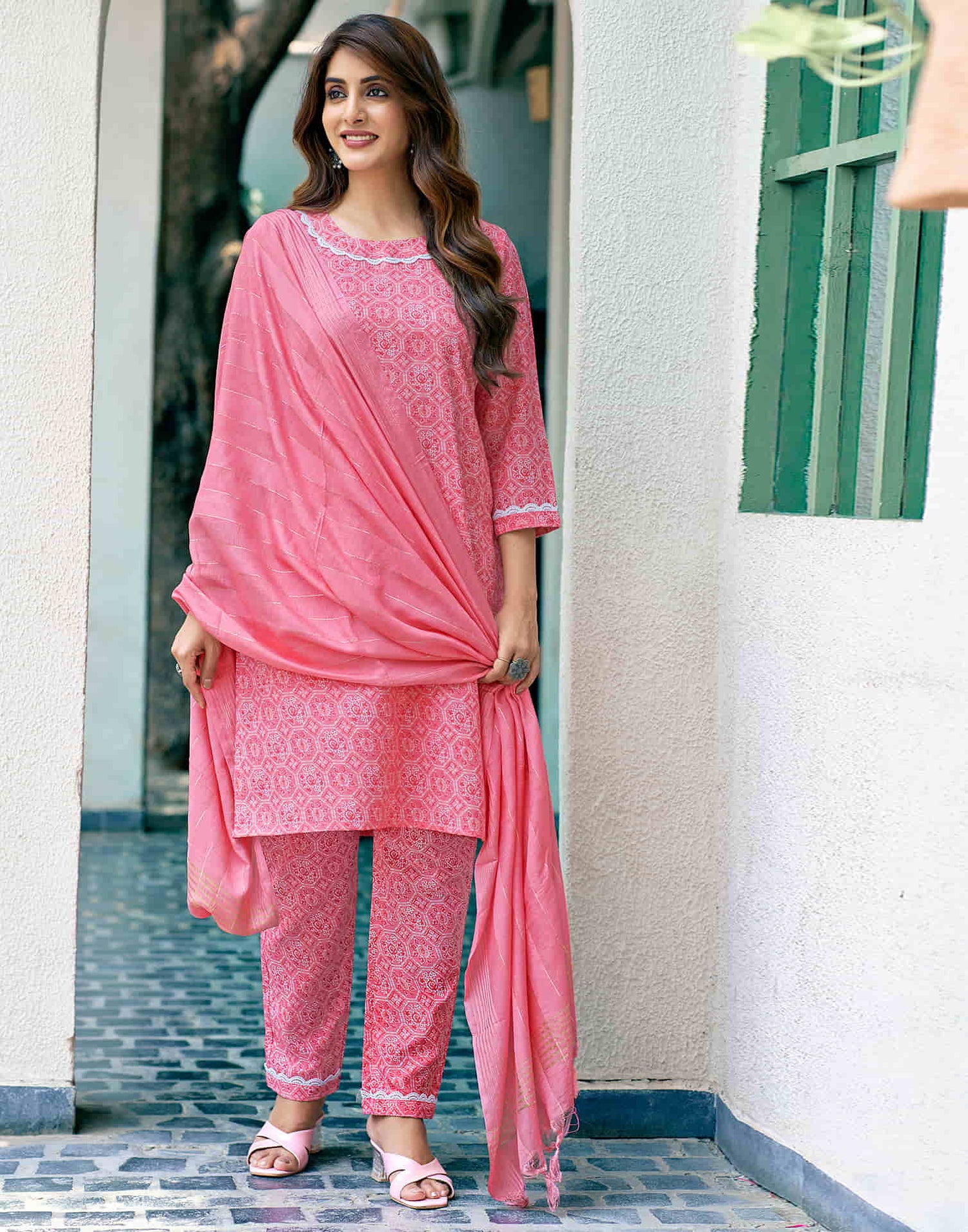 Pink Printed Cotton Straight Kurta With Pant And Dupatta