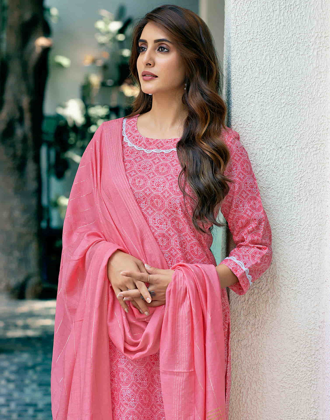 Pink Printed Cotton Straight Kurta With Pant And Dupatta