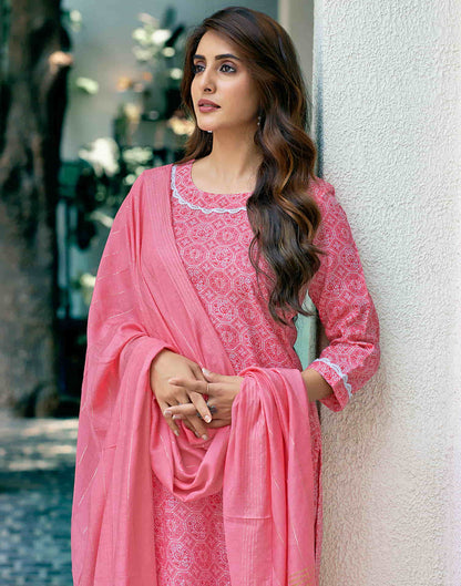 Pink Printed Cotton Straight Kurta With Pant And Dupatta