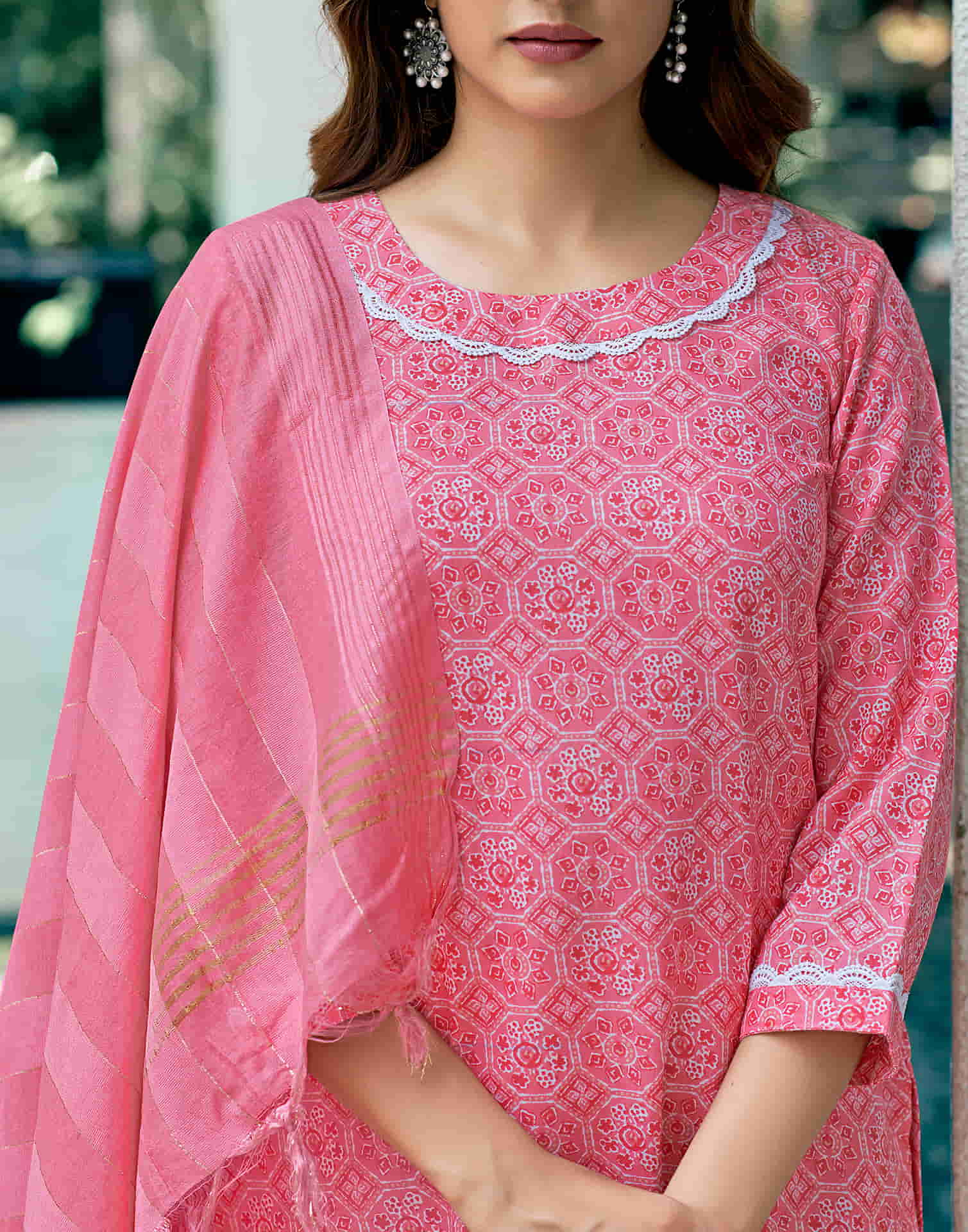 Pink Printed Cotton Straight Kurta With Pant And Dupatta