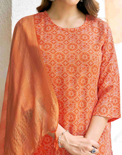 Orange Printed Cotton Straight Kurta With Pant And Dupatta